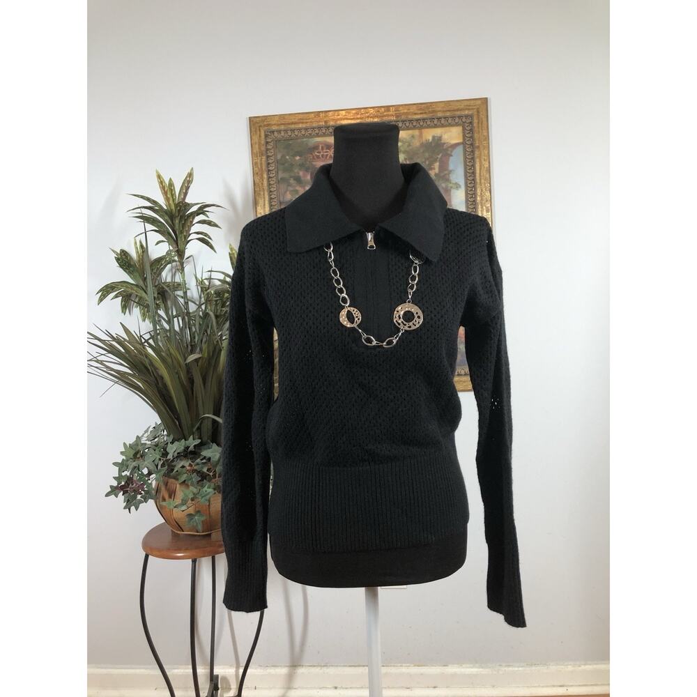 Women Small Cardigan Sweater Long Sleeve Pullover Black Knit Fishnets Y2K Boho